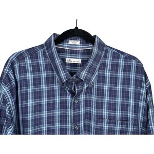 Peter Millar Mens Long Sleeve Button-Up Shirt XXL 2XL Navy Blue Plaid Cotton